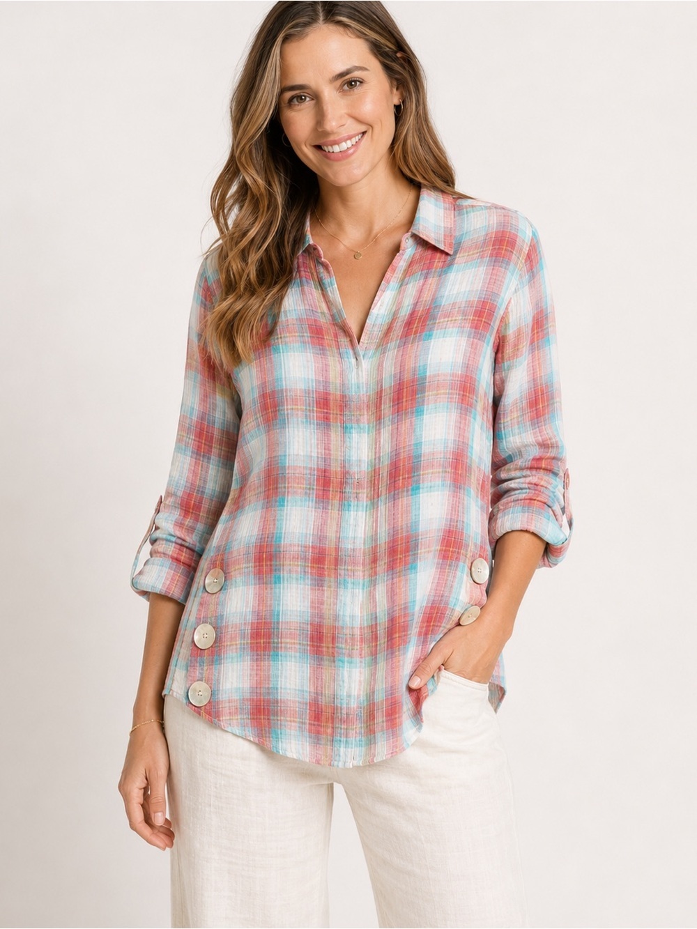 Soft Surroundings Plaid Mother of Pearl Button Up Top Size M